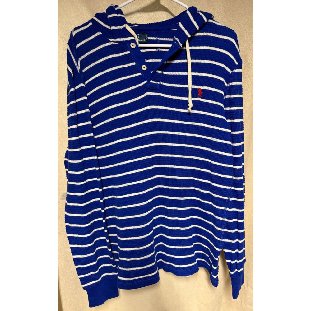 Polo Ralph Lauren Mens Waffle Knit Thermal Hoodie Blue White Striped Large L